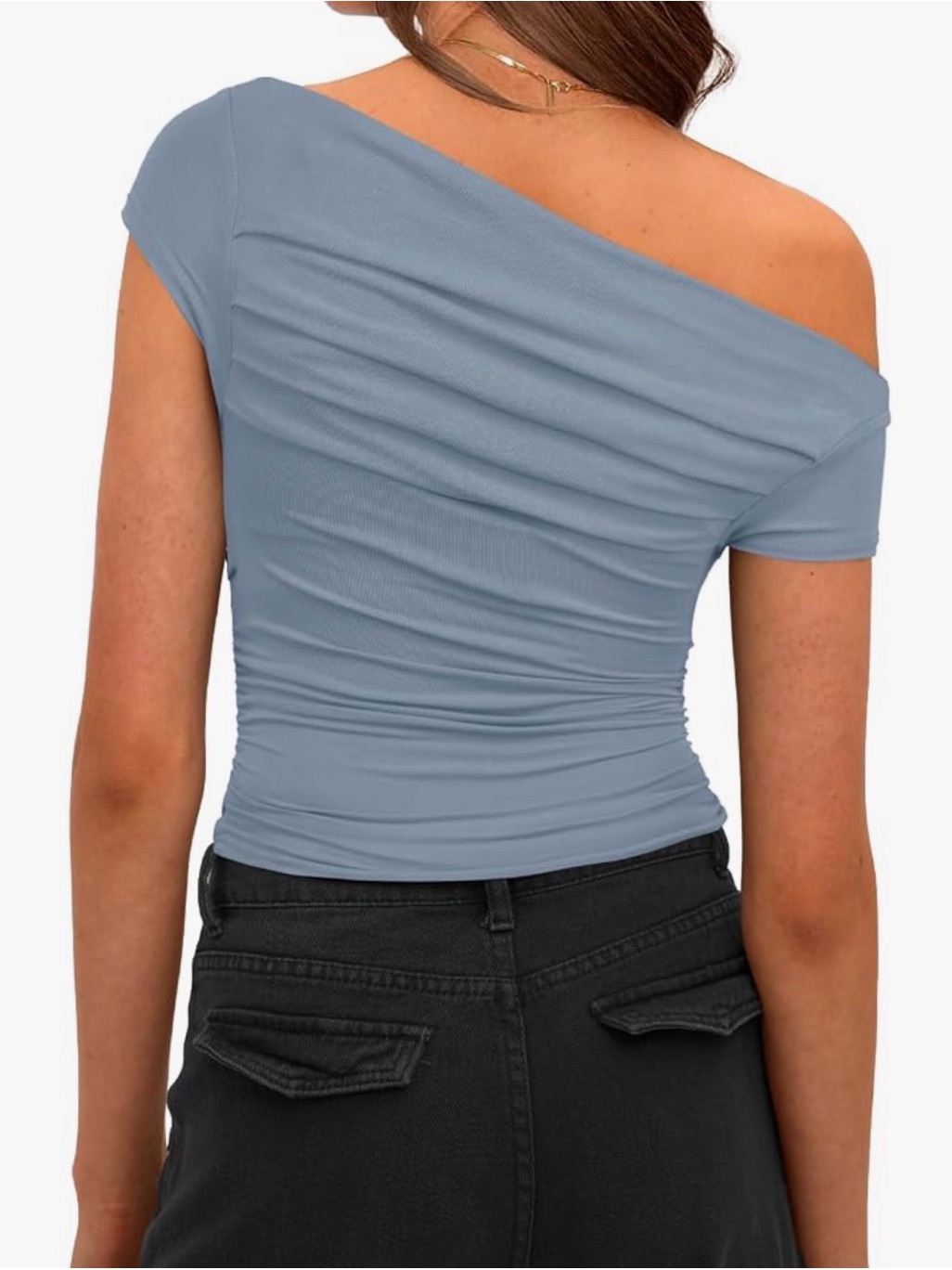 One-Shoulder Ruched Tank Top In Dusty Blue